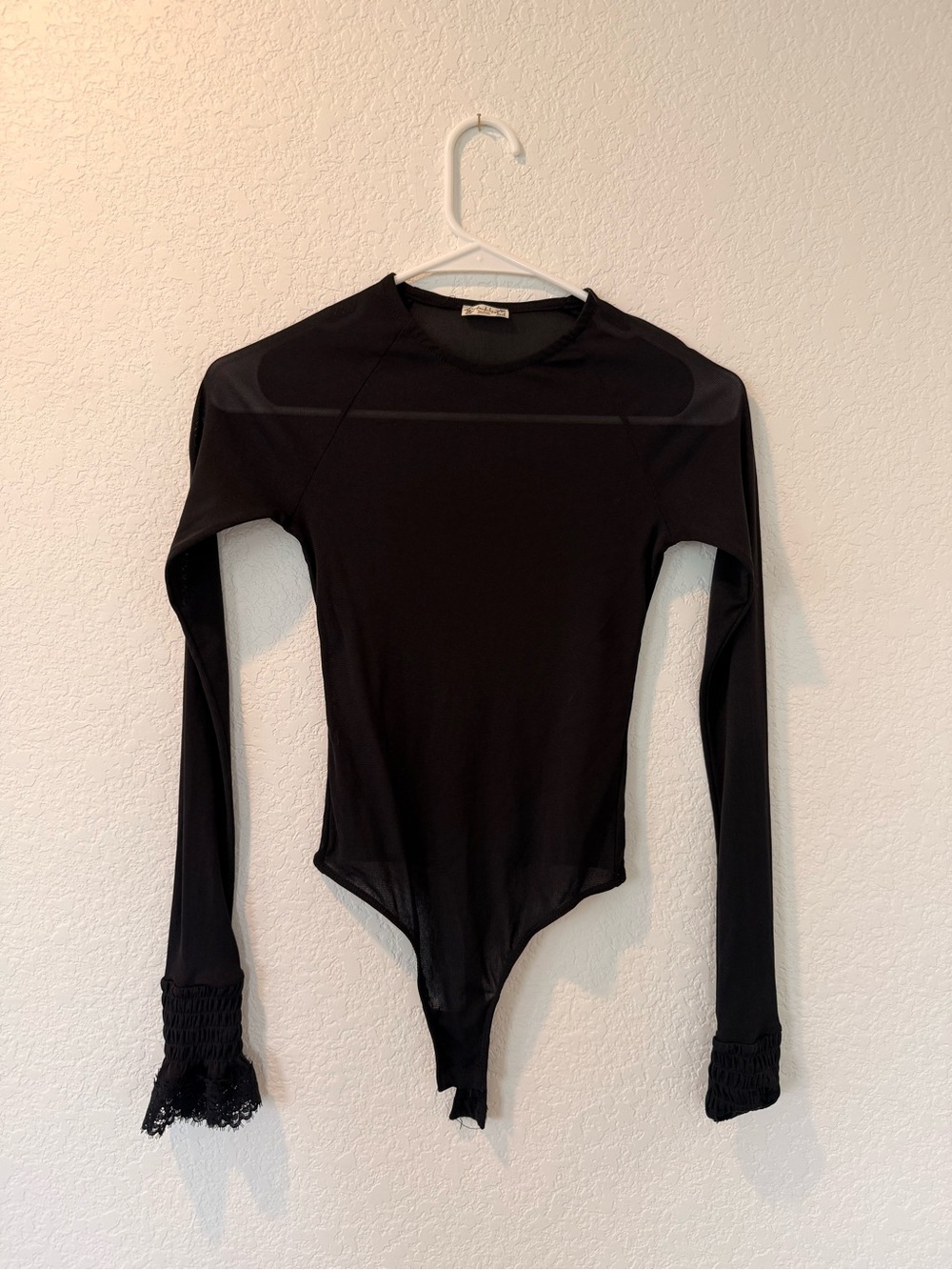 FREE PEOPLE Intimately Sheer Black Lace Cuff Bodysuit BOHO Romantic Size XS